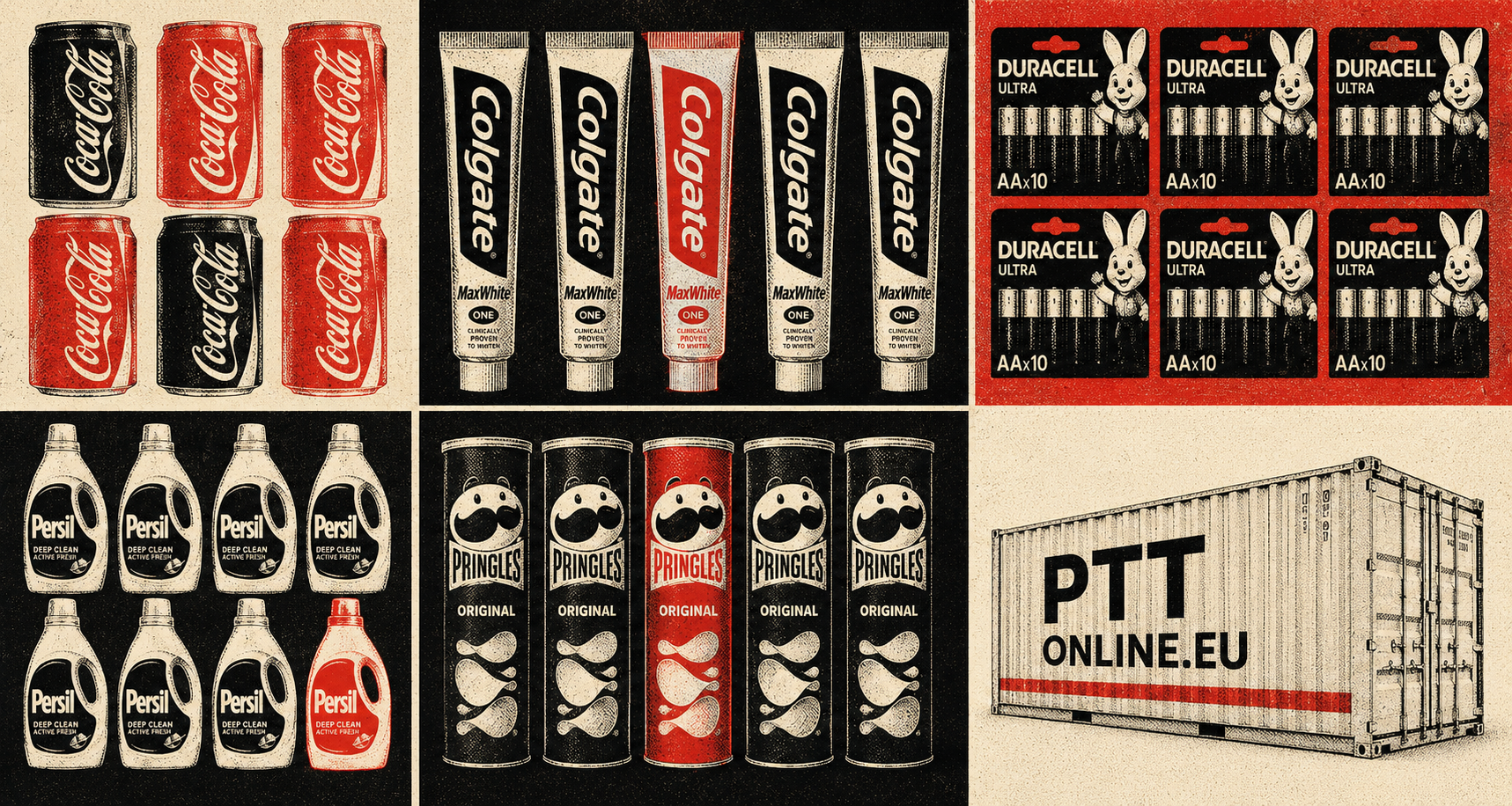 An illustrated grid of consumer brands we move: Coca-Cola, Colgate, Duracell, Persil, Pringles, alongside a pttonline shipping container at the dock.
